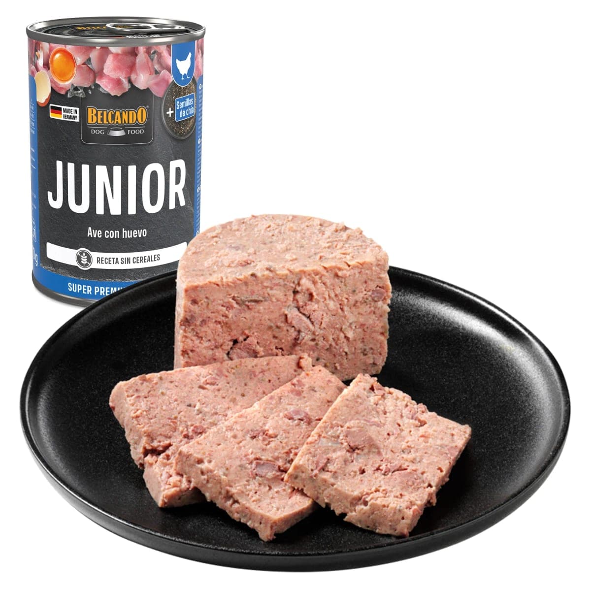 Alimento húmedo en lata Junior para cachorros, ave con huevo, 400 g
