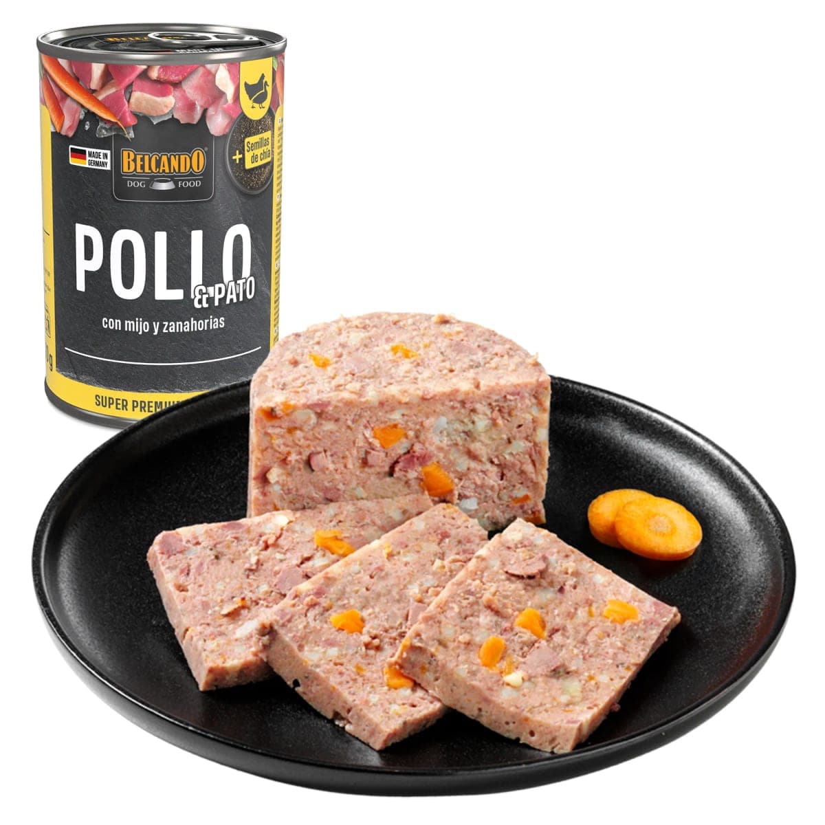 Alimento húmedo en lata para perros adultos, pollo y pato con mijo y zanahoria, 800 g
