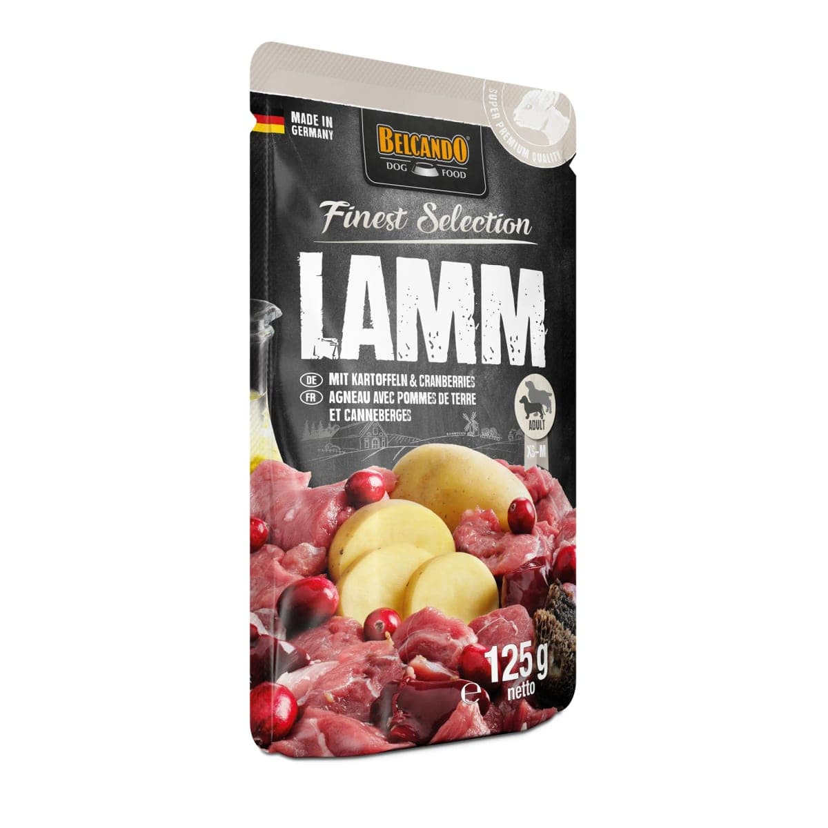 Alimento húmedo en sobre Finest Selection para perros adultos, cordero y patatas con arándanos, 125 g