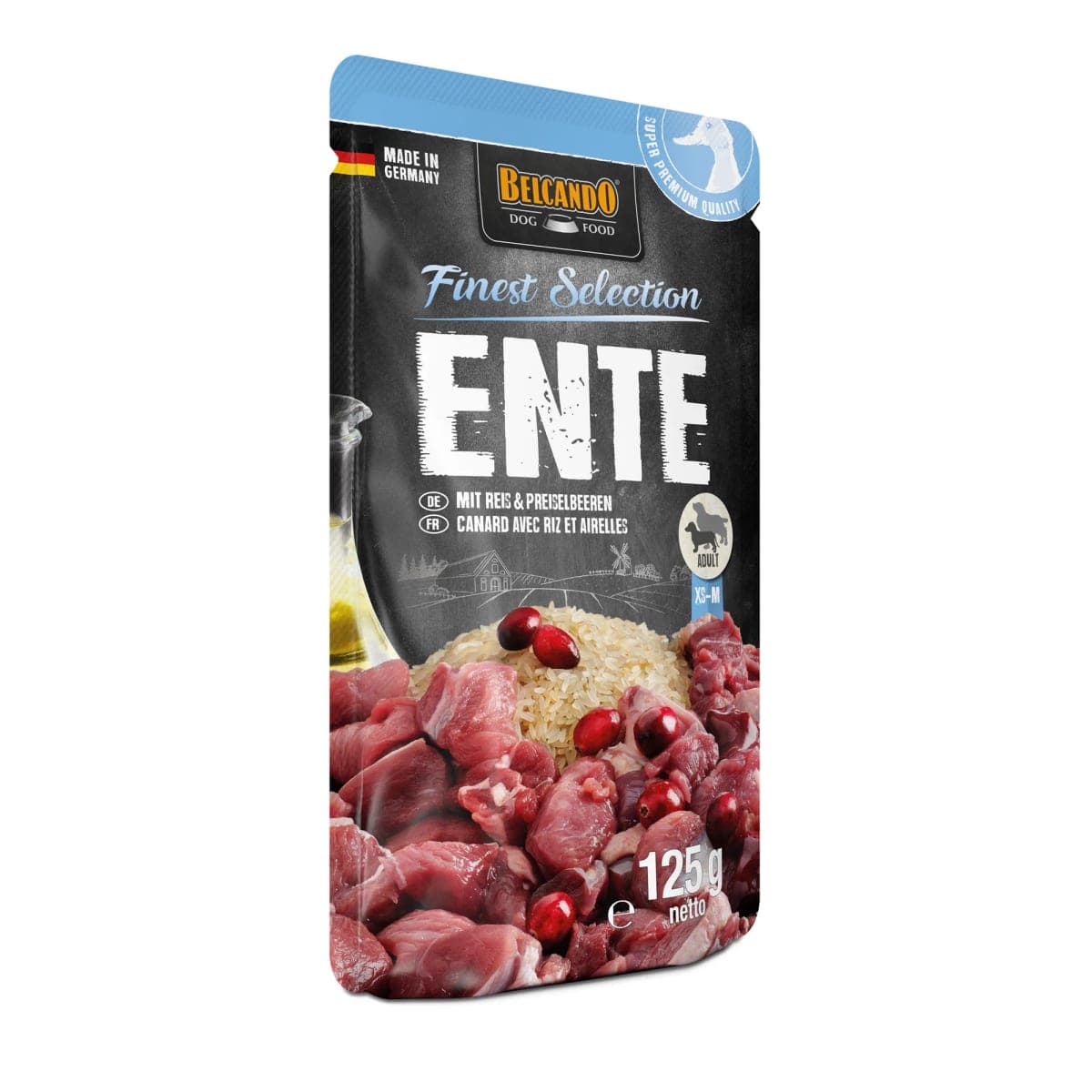 Alimento húmedo en sobre Finest Selection para perros adultos, pato con arroz y arándanos, 125 g
