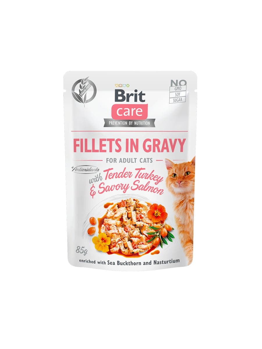 Alimento húmedo en sobre para gatos adultos, filetes en salsa con pavo y salmón, 85 g