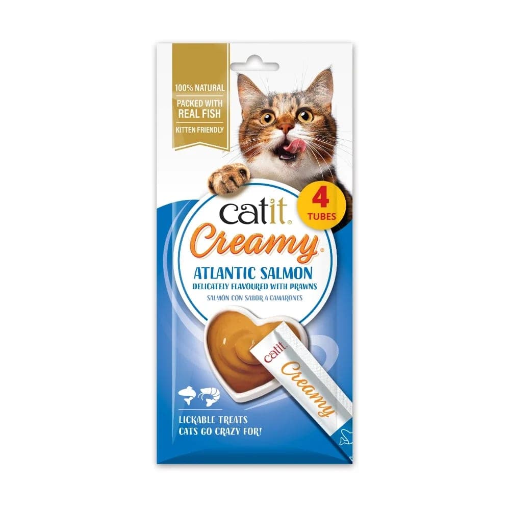 Snack cremoso Catit Creamy de salmón y gambas, 4 tubos