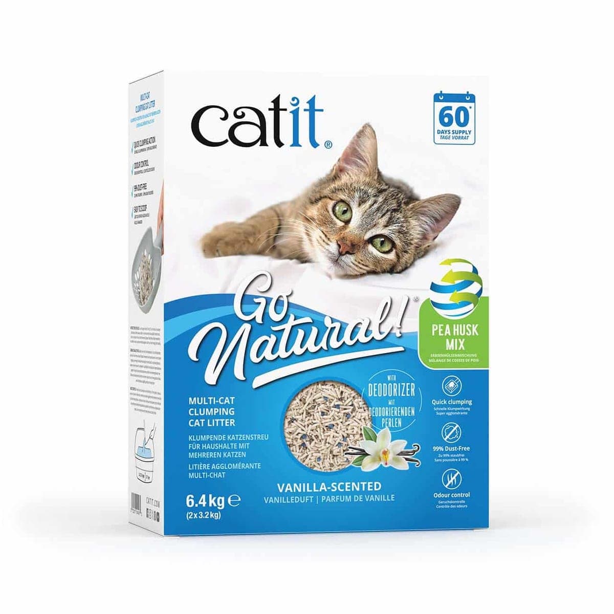 Arena mixta aglomerante Go Natural Multi-Cat de cáscara de arveja con bentonita, aroma vainilla, 6,4 kg