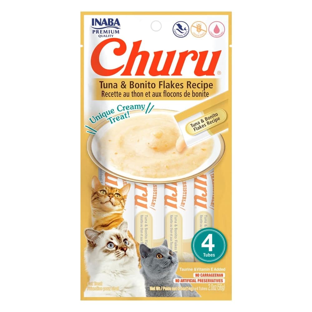 Snack cremoso Churu de atún con hojuelas de bonito, 4 tubos