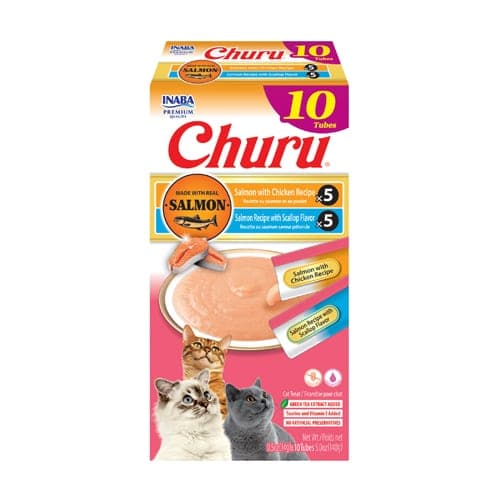 Snack cremoso Churu de salmón con sabor a ostión y de salmón con pollo, 10 tubos