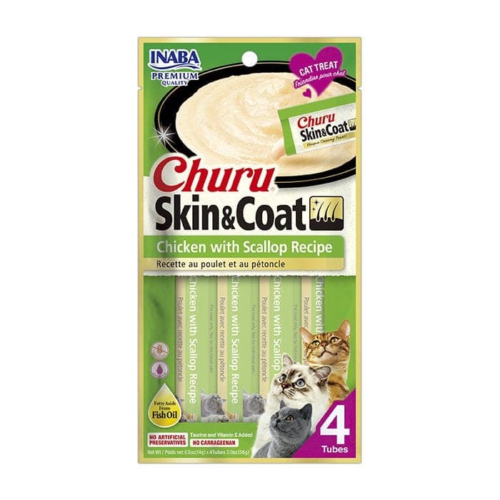 Snack cremoso Churu Skin&Coat de pollo con ostión, 4 tubos