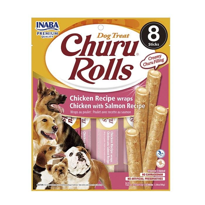 Bastones rellenos Dog Churu Rolls de pollo con salmón, 8 unidades