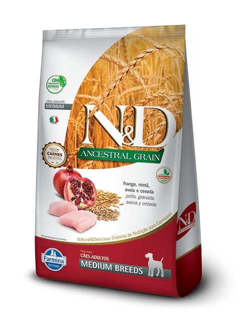 Alimento seco para perros adultos de razas medianas N&D Ancestral Grain, pollo, granada, avena y cebada, 2,5 kg