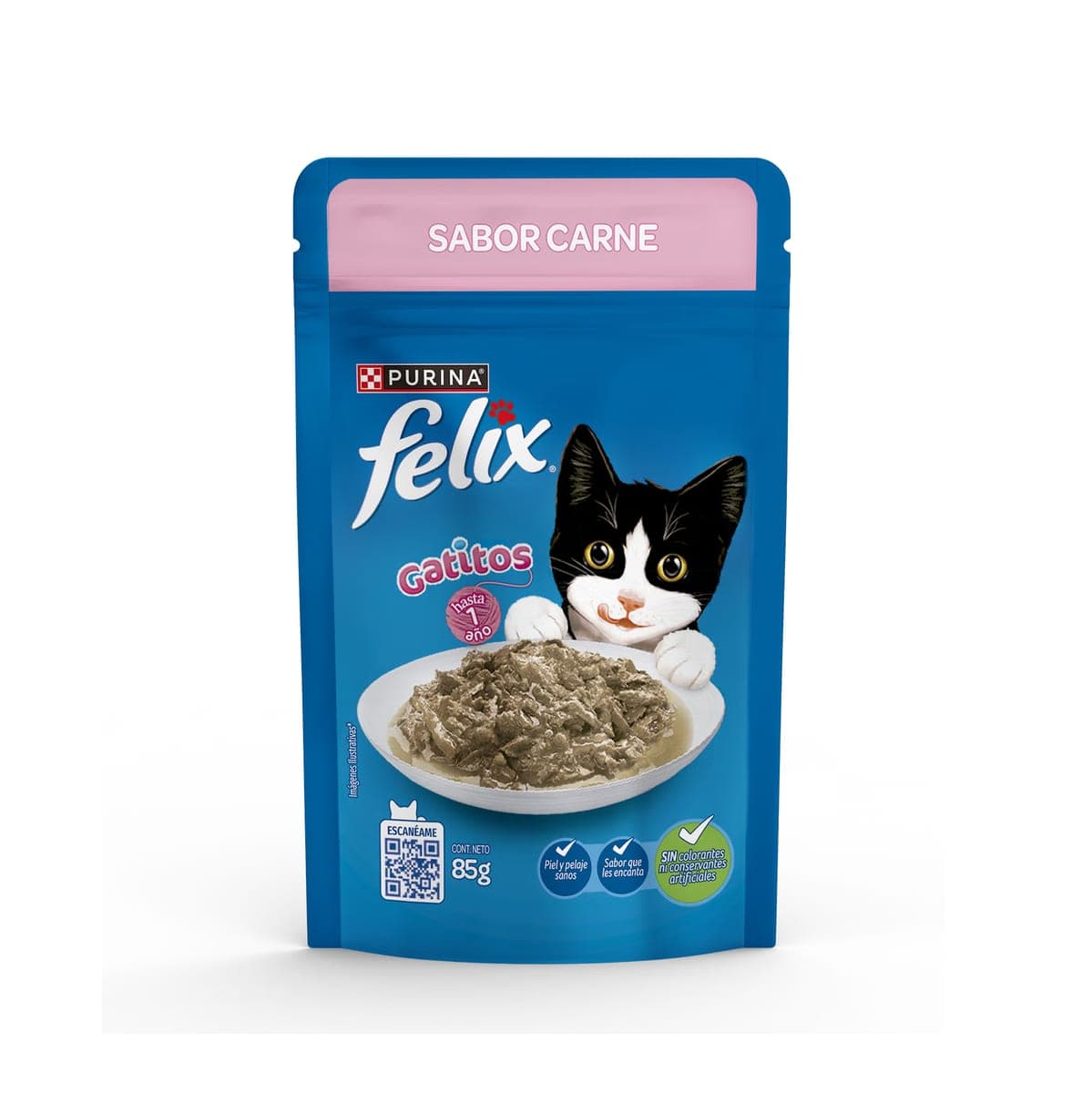 Alimento húmedo para gatitos con carne en salsa, sobre de 85 g