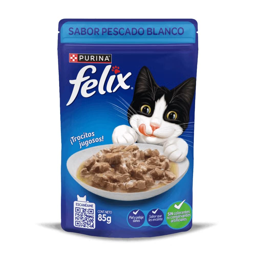 Alimento húmedo para gatos adultos con pescado blanco en salsa, sobre de 85 g