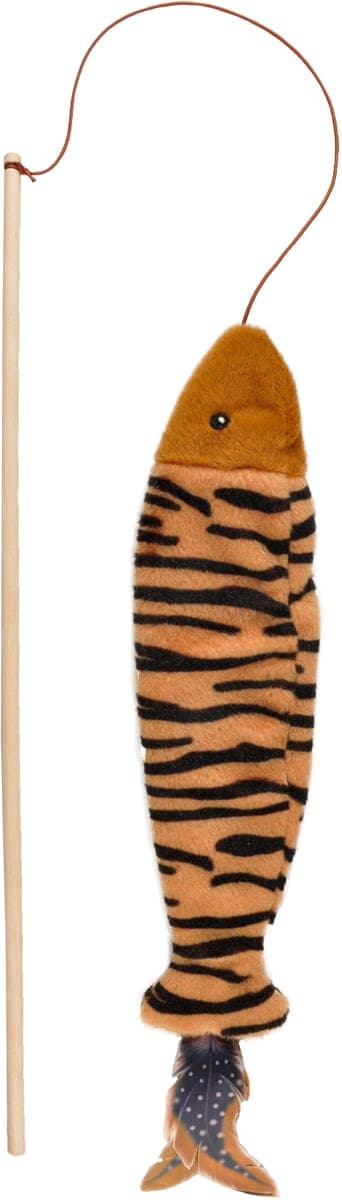 Caña de madera con pez de tela y plumas Jungle para gatos, 45 cm