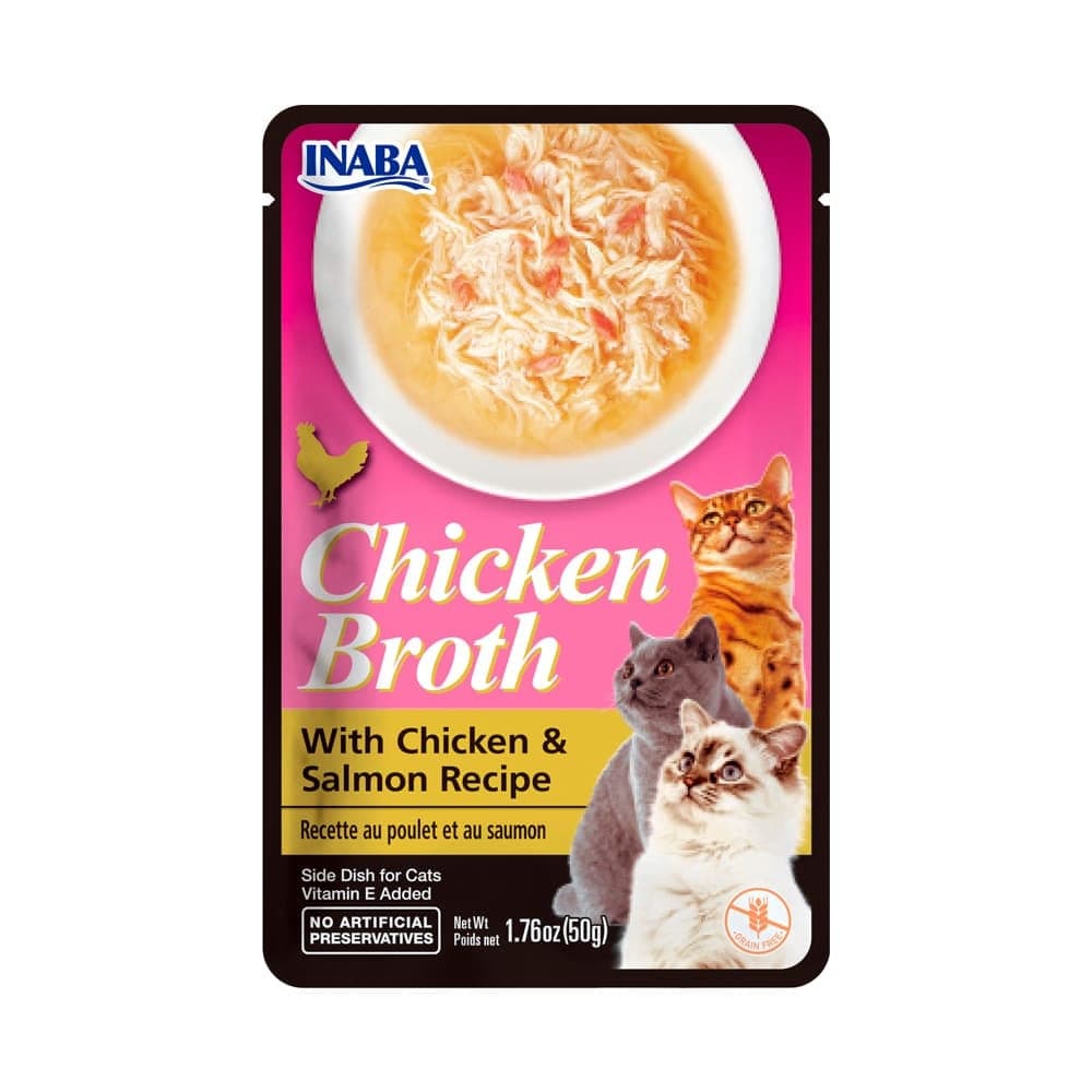 Caldo complementario de pollo con pollo y salmón para gatos, 50 g