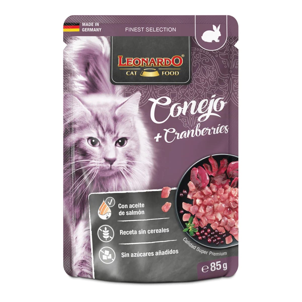Alimento húmedo Finest Selection para gatos adultos, conejo con cranberries, sobre de 85 g