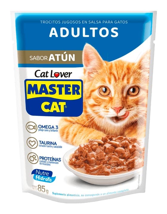 Complemento húmedo en trocitos jugosos para gatos adultos sabor atún, 85 g