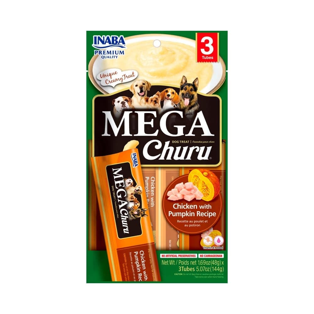 Snack cremoso Mega Churu de pollo con zapallo para perros, 3 tubos