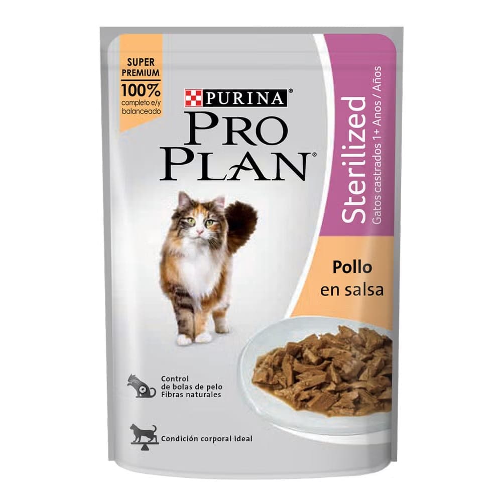 Alimento húmedo para gatos adultos esterilizados, pollo en salsa, sobre de 85 g